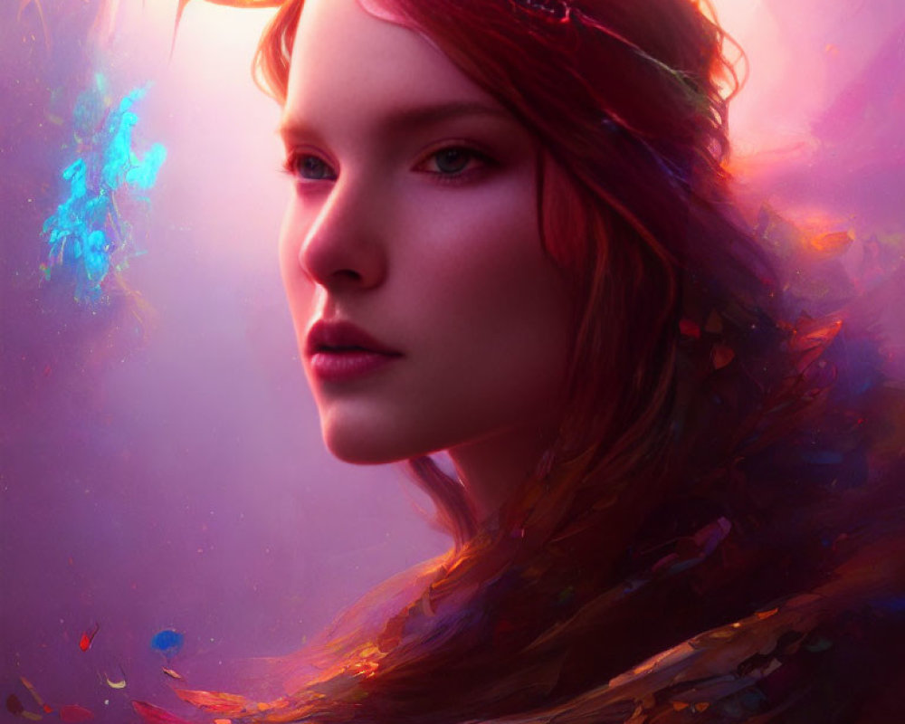 Digital artwork: Woman with red hair, ethereal glow, and abstract elements portraying a fantasy or mystical