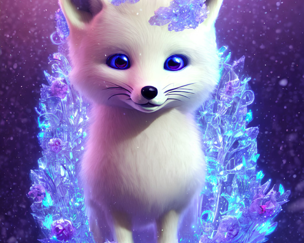 White Fox with Blue Eyes Surrounded by Purple Crystals in Celestial Setting