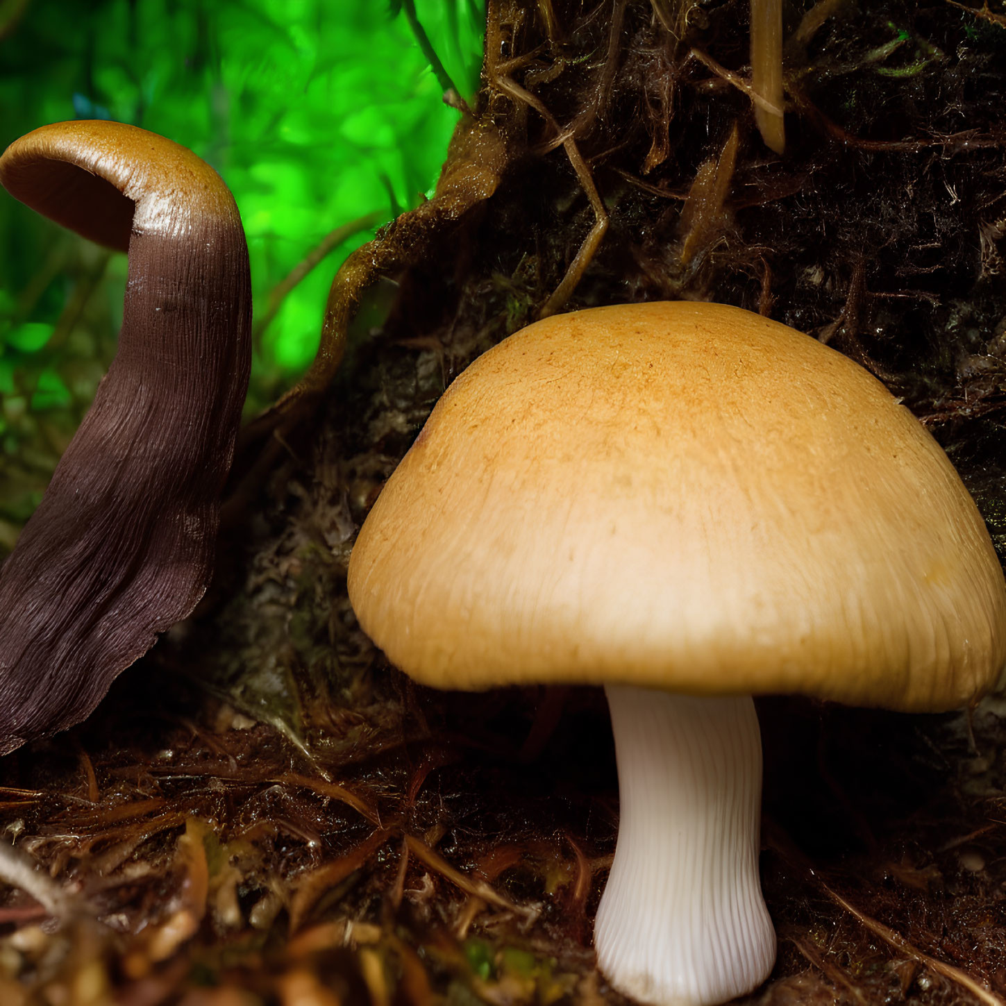 Brown mushroom and slug close-up in natural setting