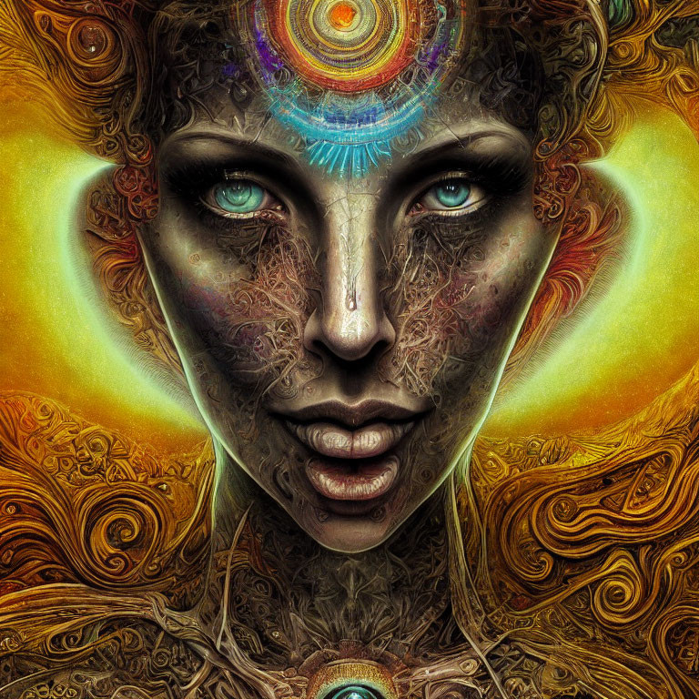Colorful psychedelic female face portrait with intricate patterns and mystical symbols.