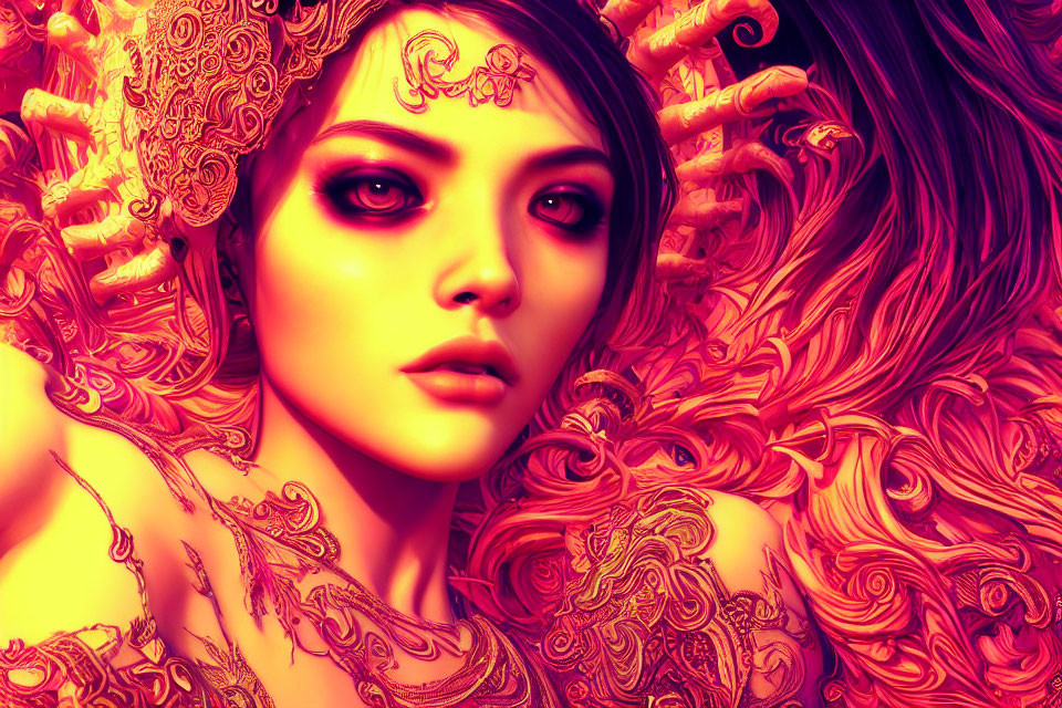Vibrant digital artwork: Woman with golden headpiece in swirling red patterns