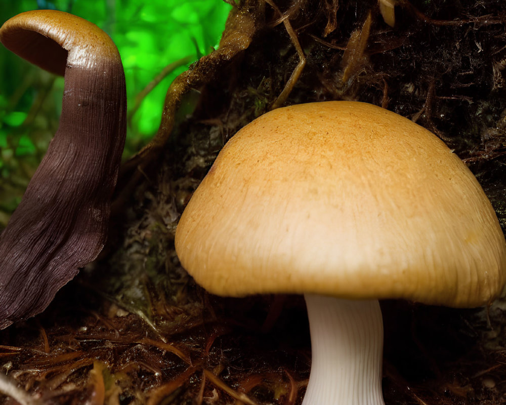 Brown mushroom and slug close-up in natural setting