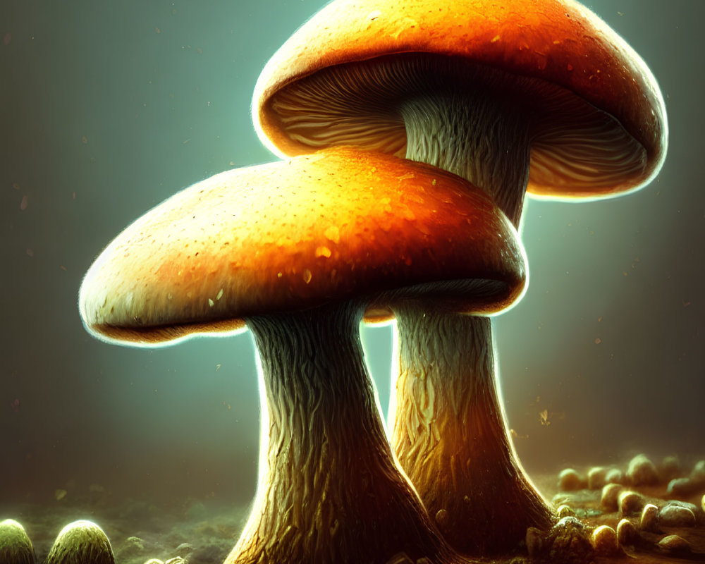 Luminous orange-capped mushrooms in mystical foggy landscape
