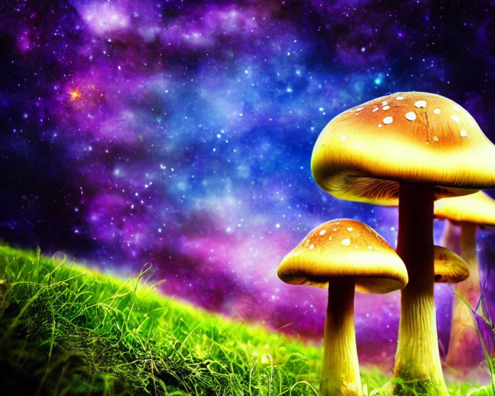 Colorful glowing mushrooms on grassy ground under starry sky