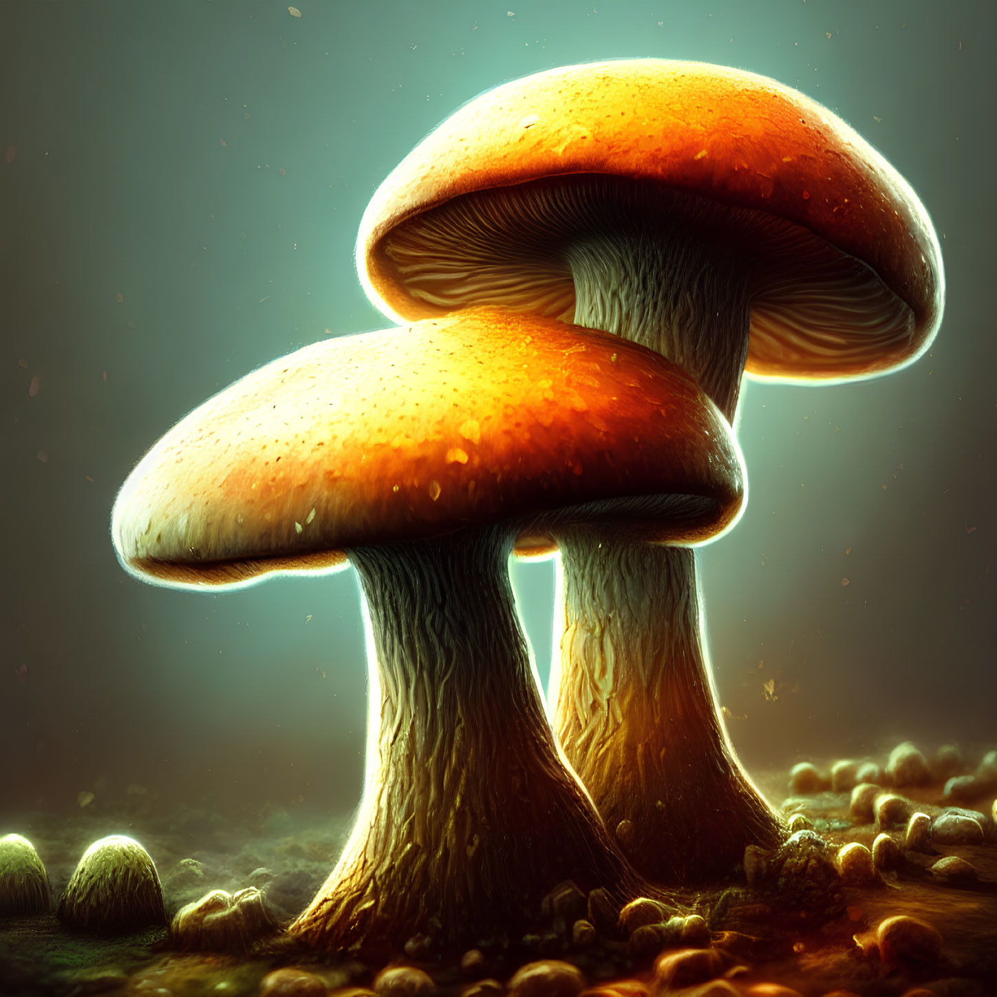 Luminous orange-capped mushrooms in mystical foggy landscape