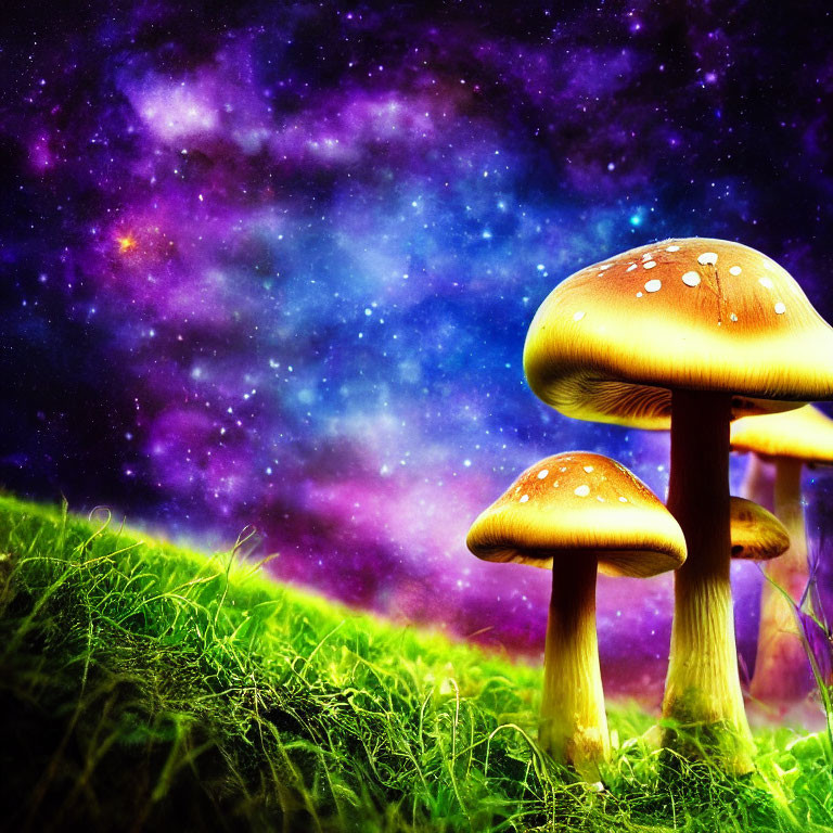 Colorful glowing mushrooms on grassy ground under starry sky