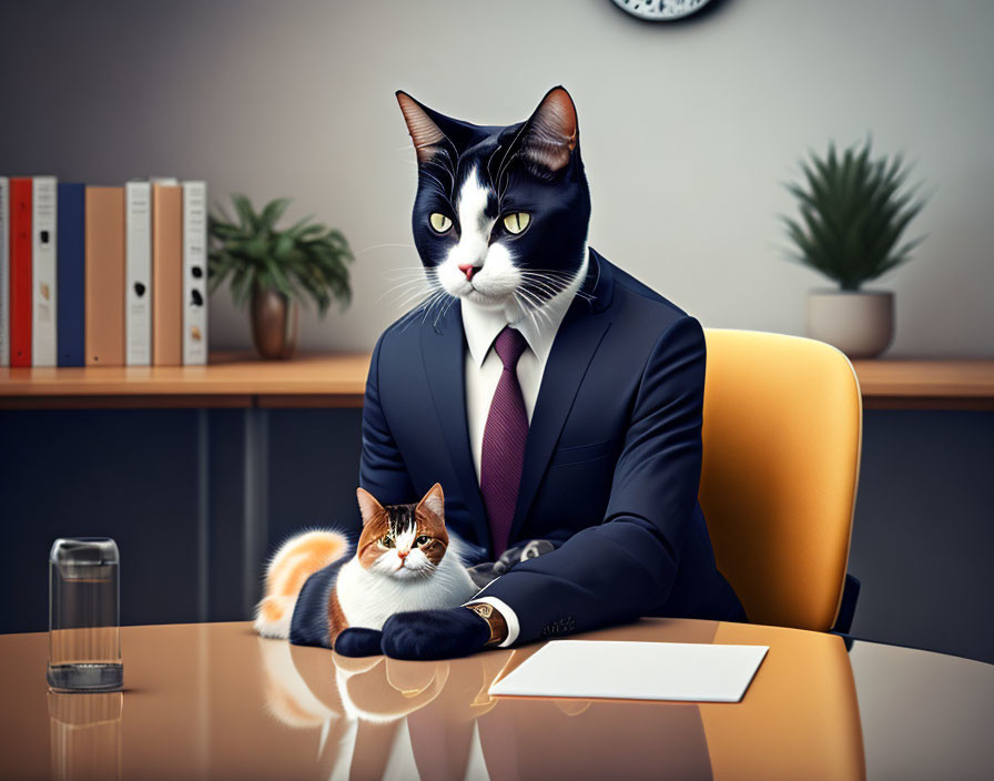 Cat with human body in suit at desk with smaller cat, papers, water, plants