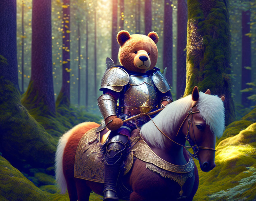 Teddy Bear in Knight's Armor on White Horse in Enchanted Forest