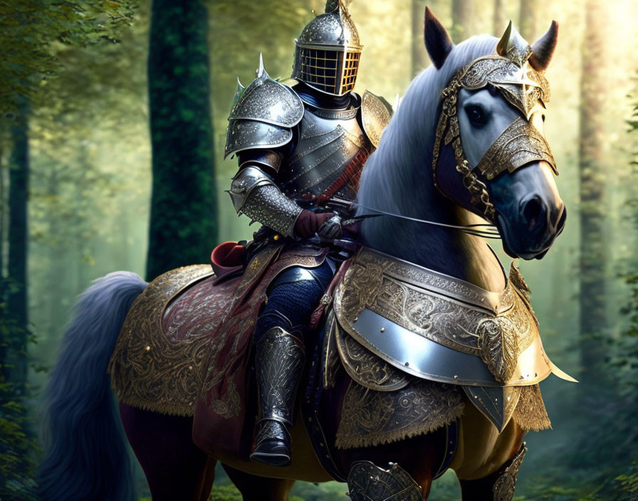 Knight in Full Armor Riding Horse Through Enchanting Forest