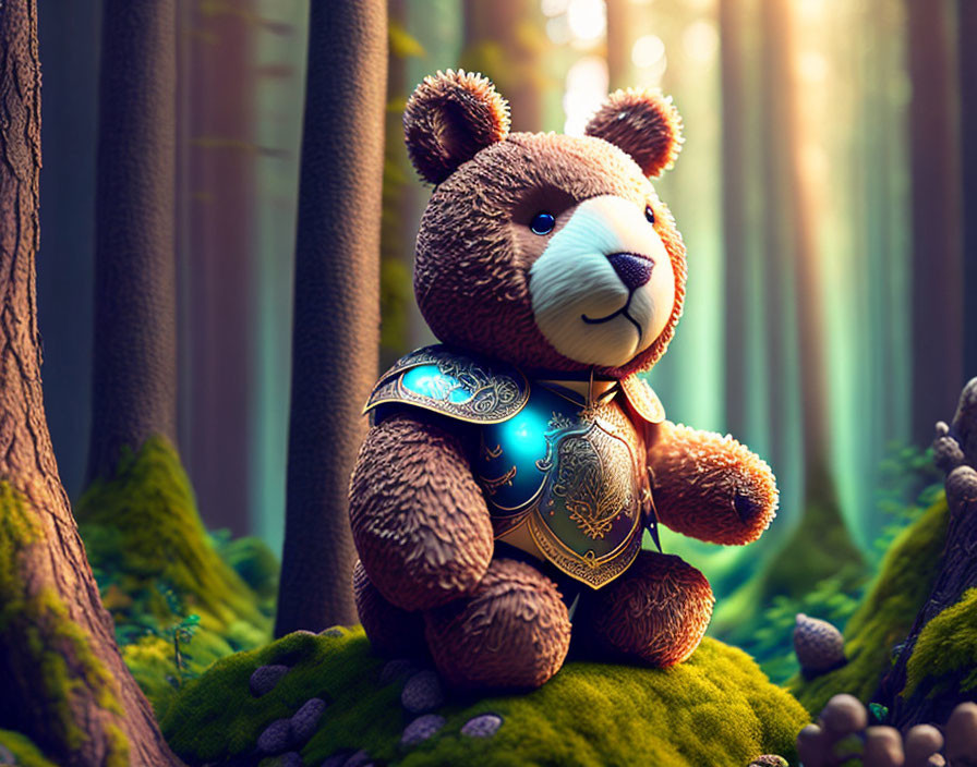 Armored plush teddy bear in sunlit forest with moss and trees