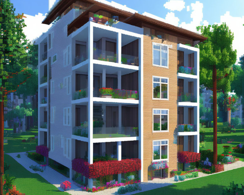 Modern Four-Story Apartment Building with White Balconies and Red Flowers in Lush Green Park