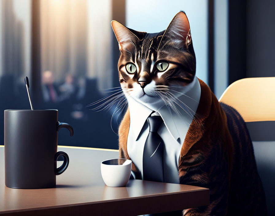 Cat in suit and tie at desk with coffee mug in sunny office setting