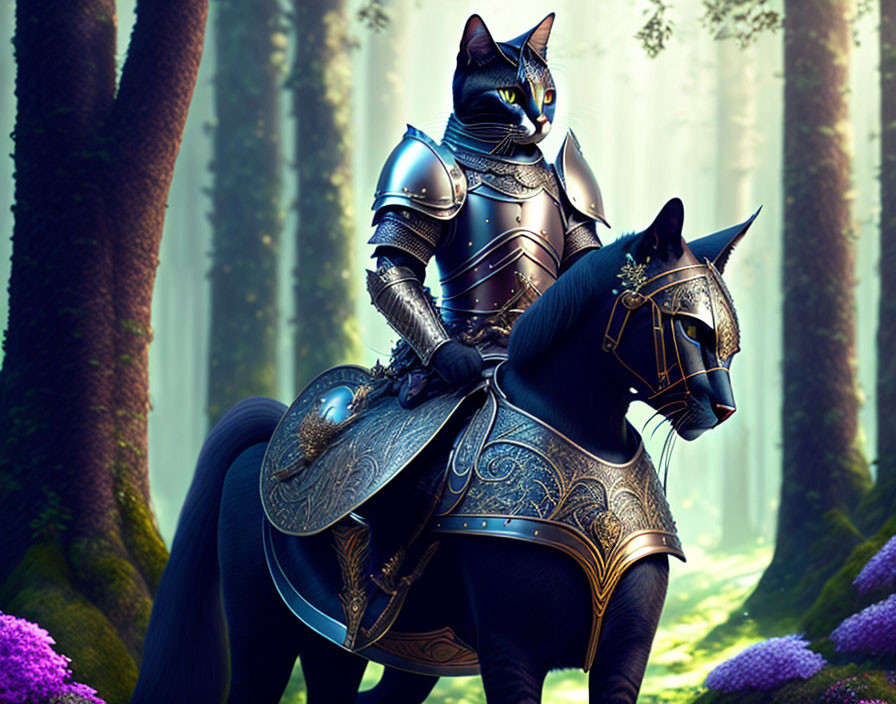 Cat in Medieval Knight Armor on Armored Horse in Mystical Forest