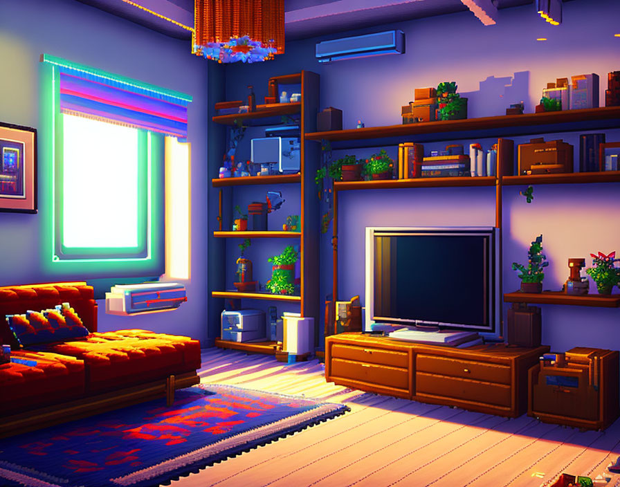 Colorful Pixel Art Living Room with Large Window & TV Setup