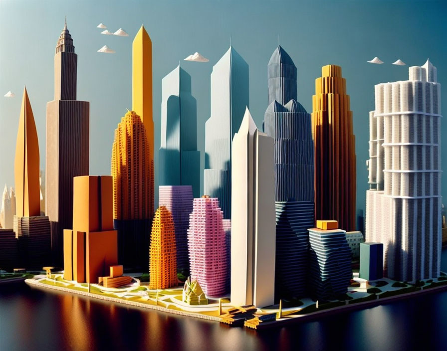 Colorful miniature cityscape with diverse skyscrapers and buildings