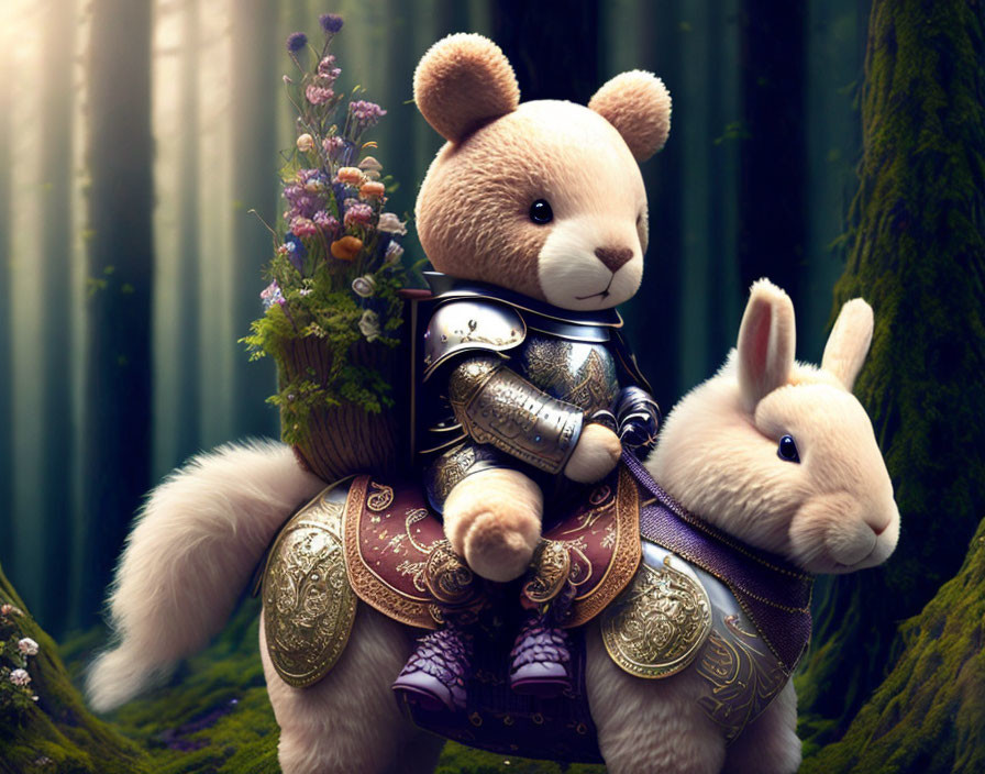 Teddy Bear Knight in Ornate Armor Riding Majestic Rabbit in Mystical Forest