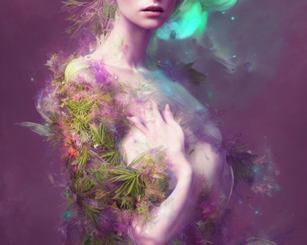 Surreal portrait of woman with flora and mist in purple, green, and pink tones