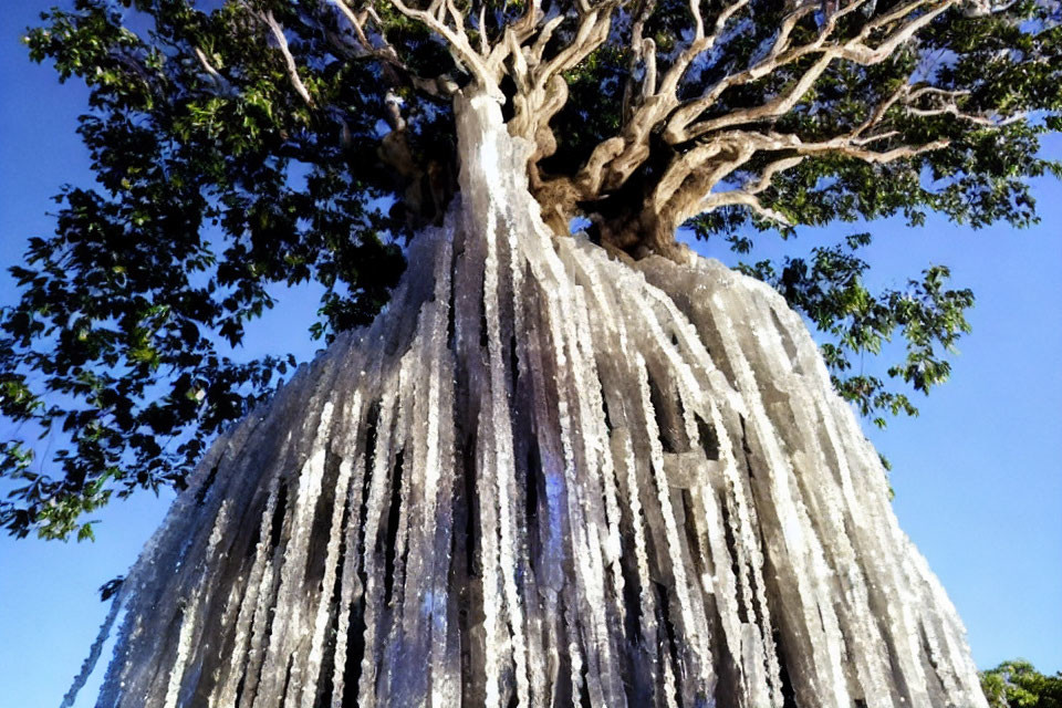 Thick-trunked tree covered in icicles under clear blue sky