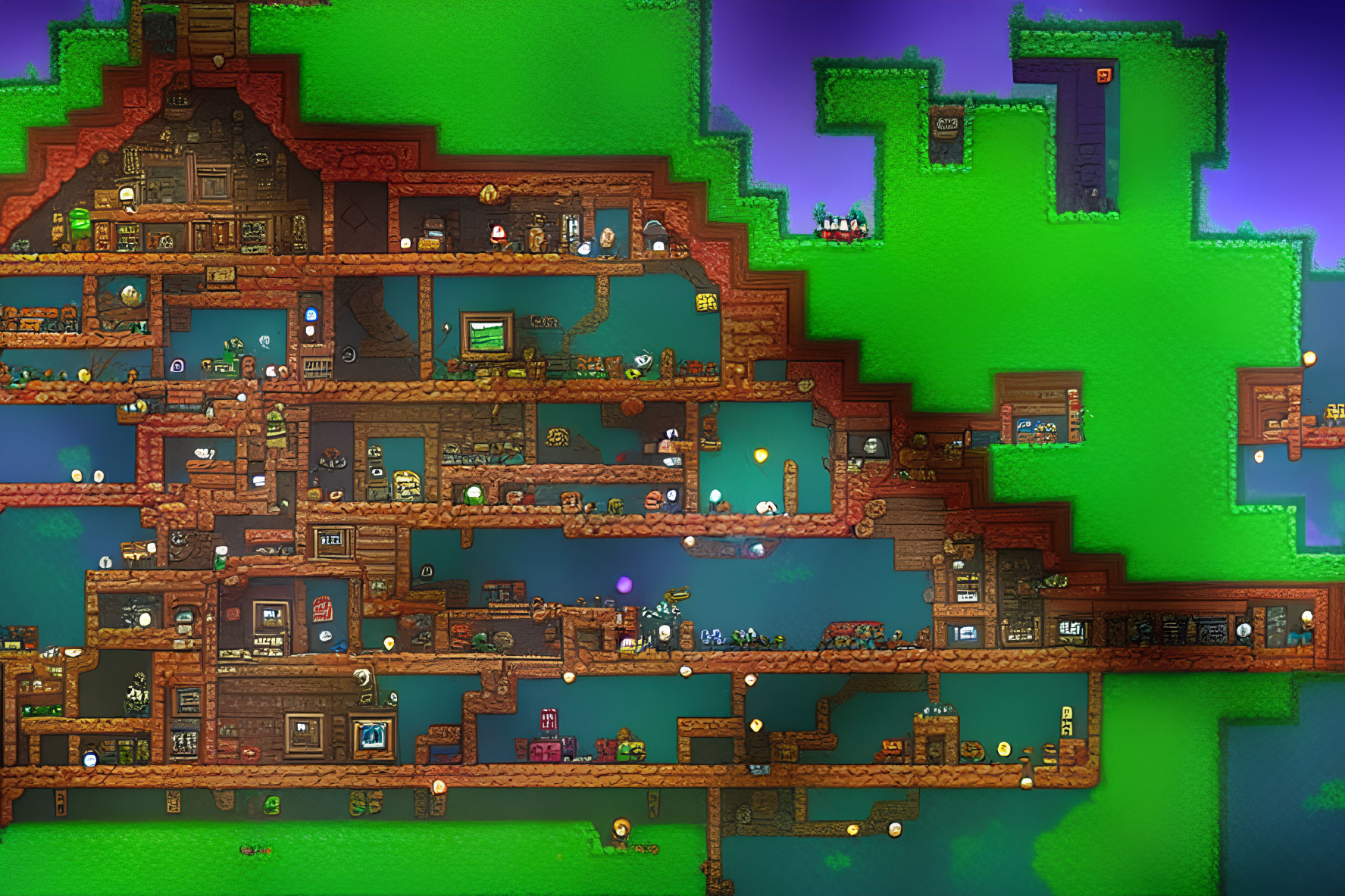 Detailed Pixel Art: Intricate Treehouse with Multiple Rooms, Platforms, and Furnishings in L