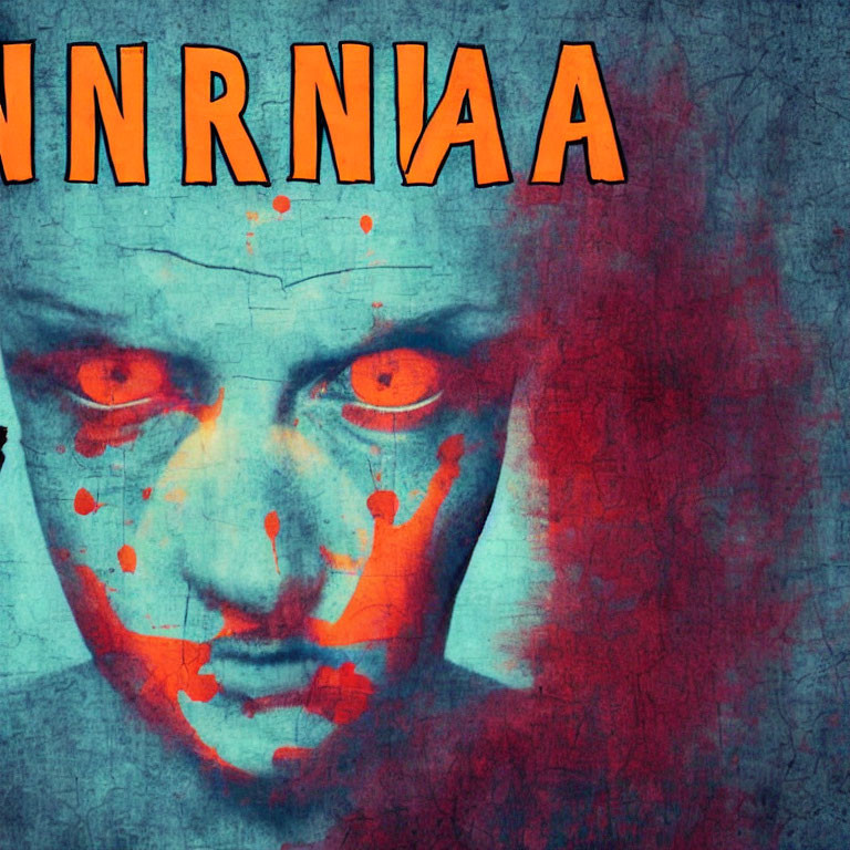Menacing face in blue and red tones with splattered red, horror or thriller theme