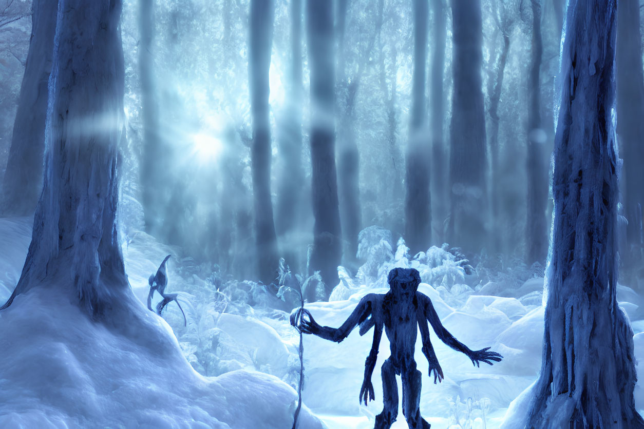 Snowy Forest Scene with Blue Hues and Mysterious Creature
