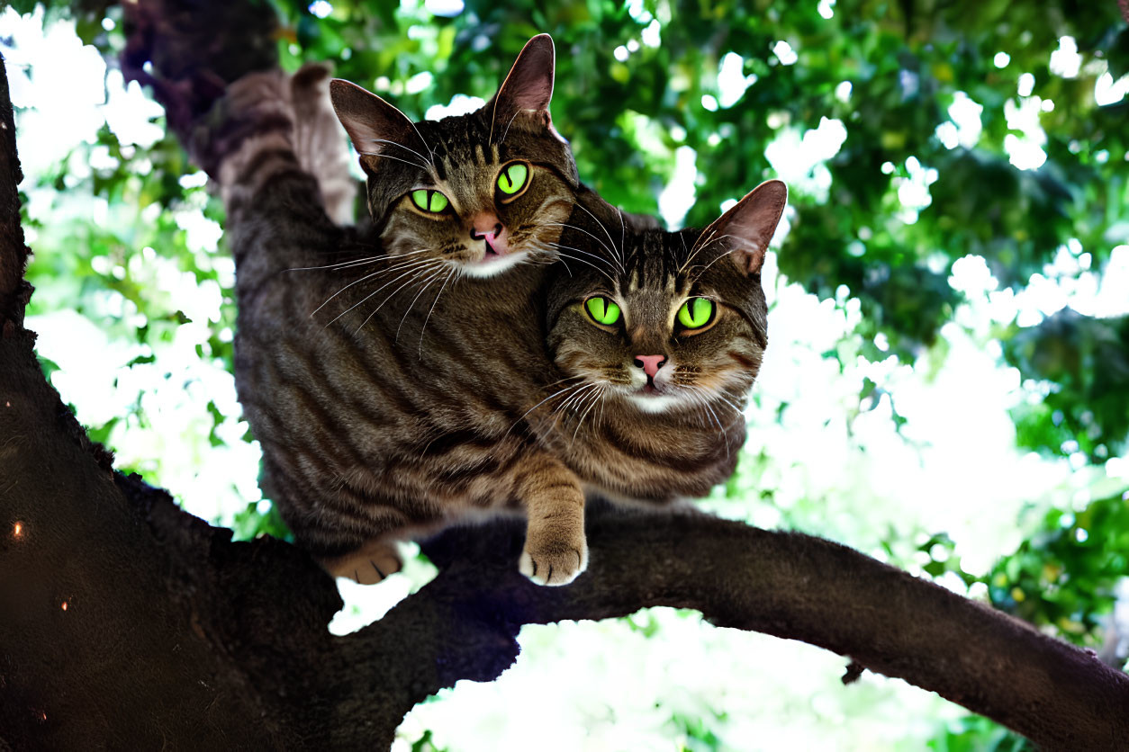 Two striped cats with green eyes on tree branch surrounded by leaves.