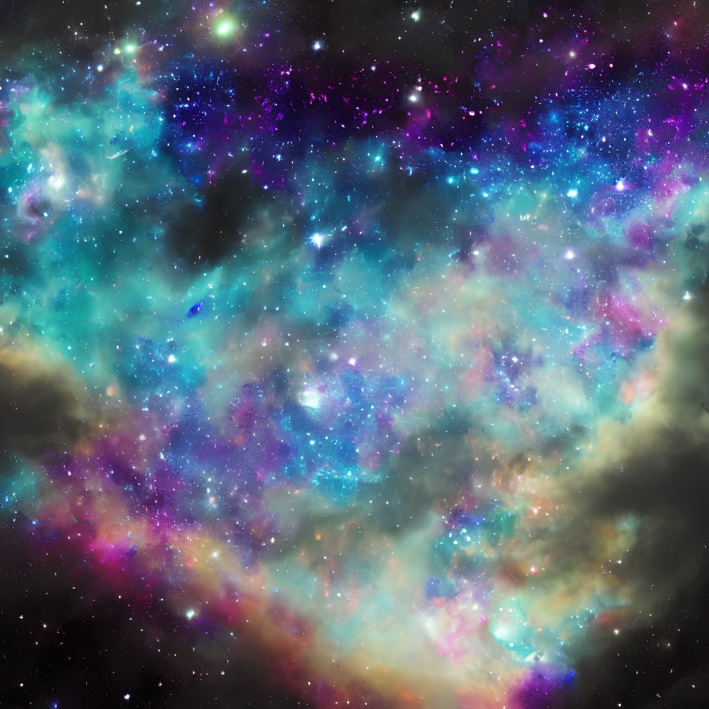 Colorful Cosmic Scene with Stars, Dust, and Gas in Blue, Purple, and Pink