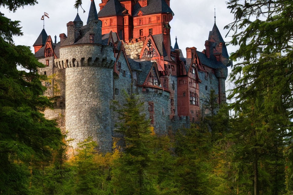 Castle with turreted towers and red roofs in lush forest landscape