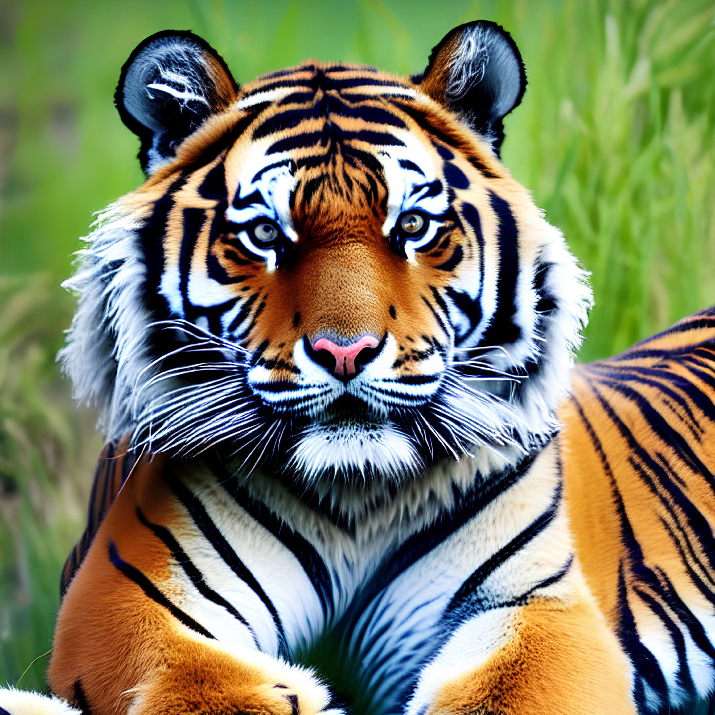 Close-up of tiger with vivid orange and black stripes and sharp eyes against blurred green background