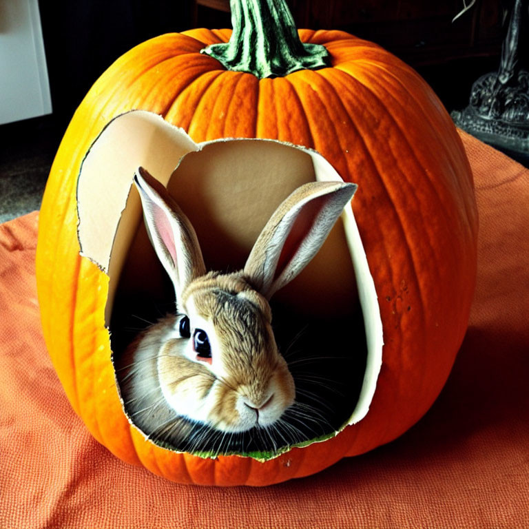Rabbit peeking from carved pumpkin with missing piece