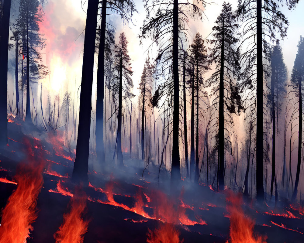 Devastating forest fire with tall trees engulfed in flames