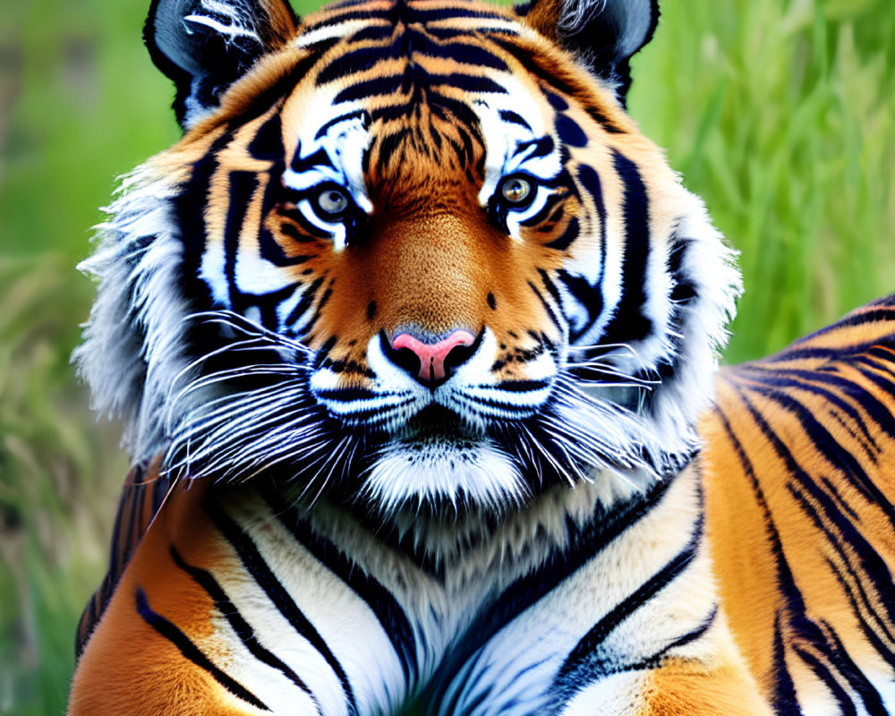 Close-up of tiger with vivid orange and black stripes and sharp eyes against blurred green background