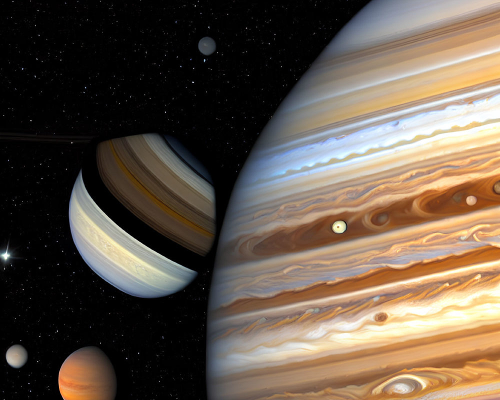 Detailed illustration of Jupiter's swirling atmosphere and moons against starry backdrop
