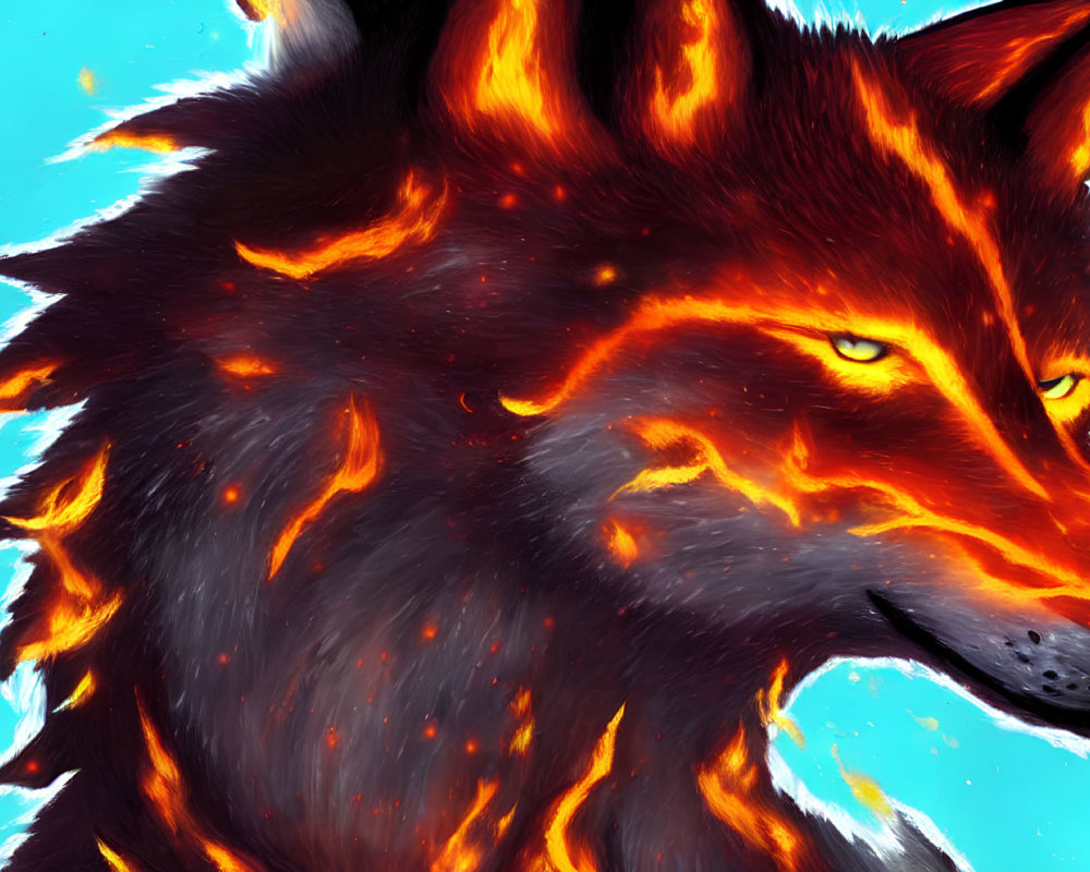 Vibrant wolf artwork with fiery fur on blue background