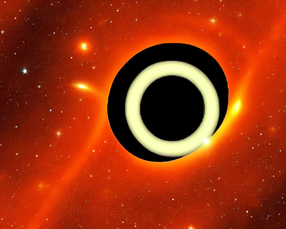 Digital illustration: Black hole with accretion disc in star-filled red nebula