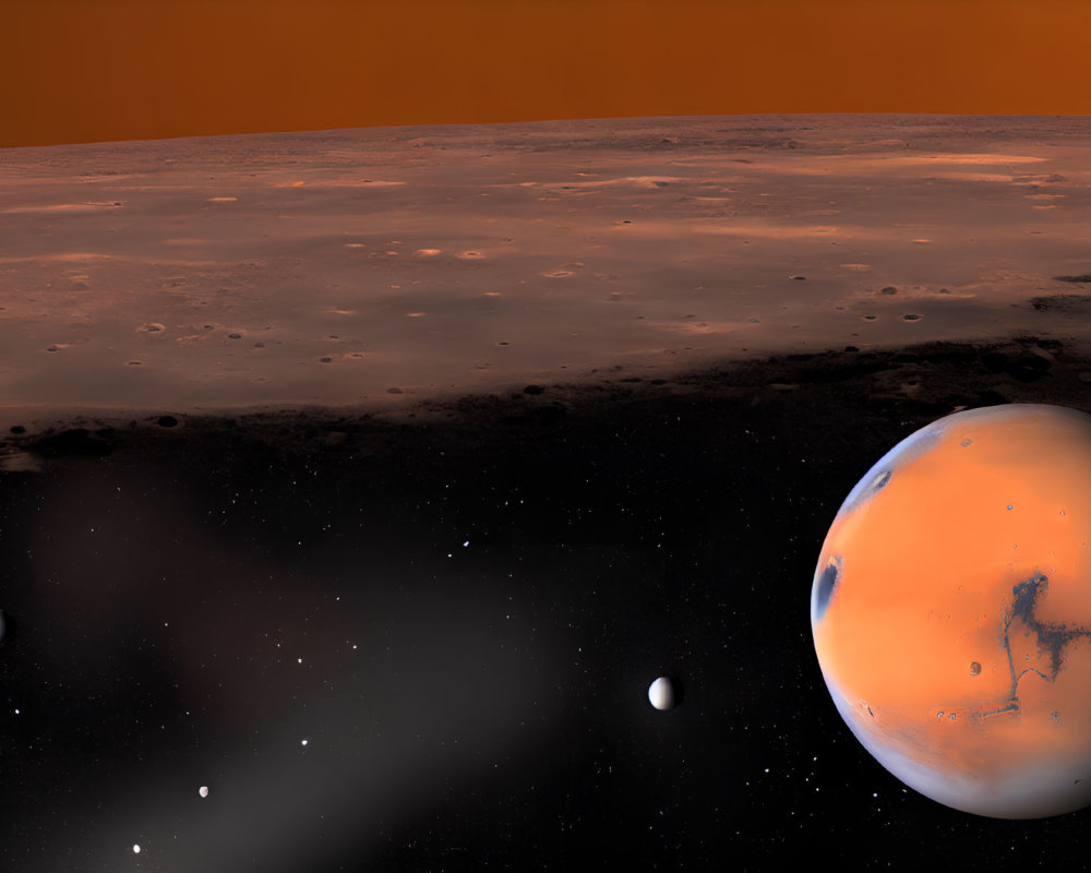 Mars with Phobos and Deimos in starry sky
