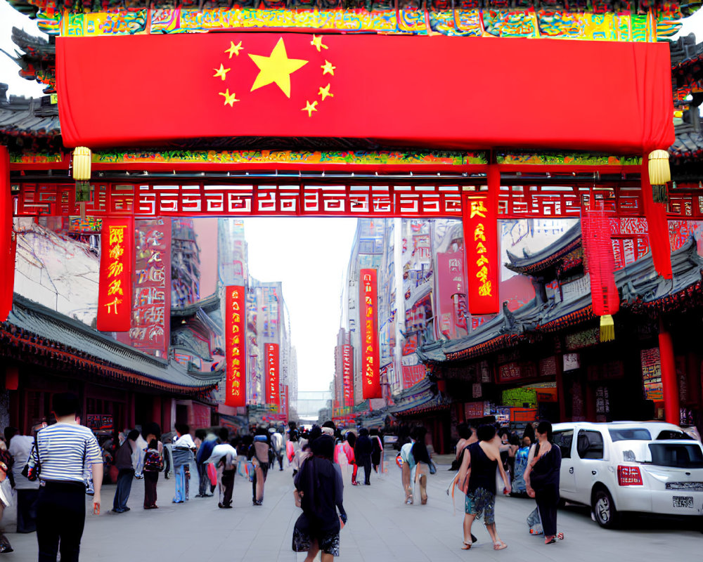 Traditional Chinese street with red banner and yellow star, bustling with activity