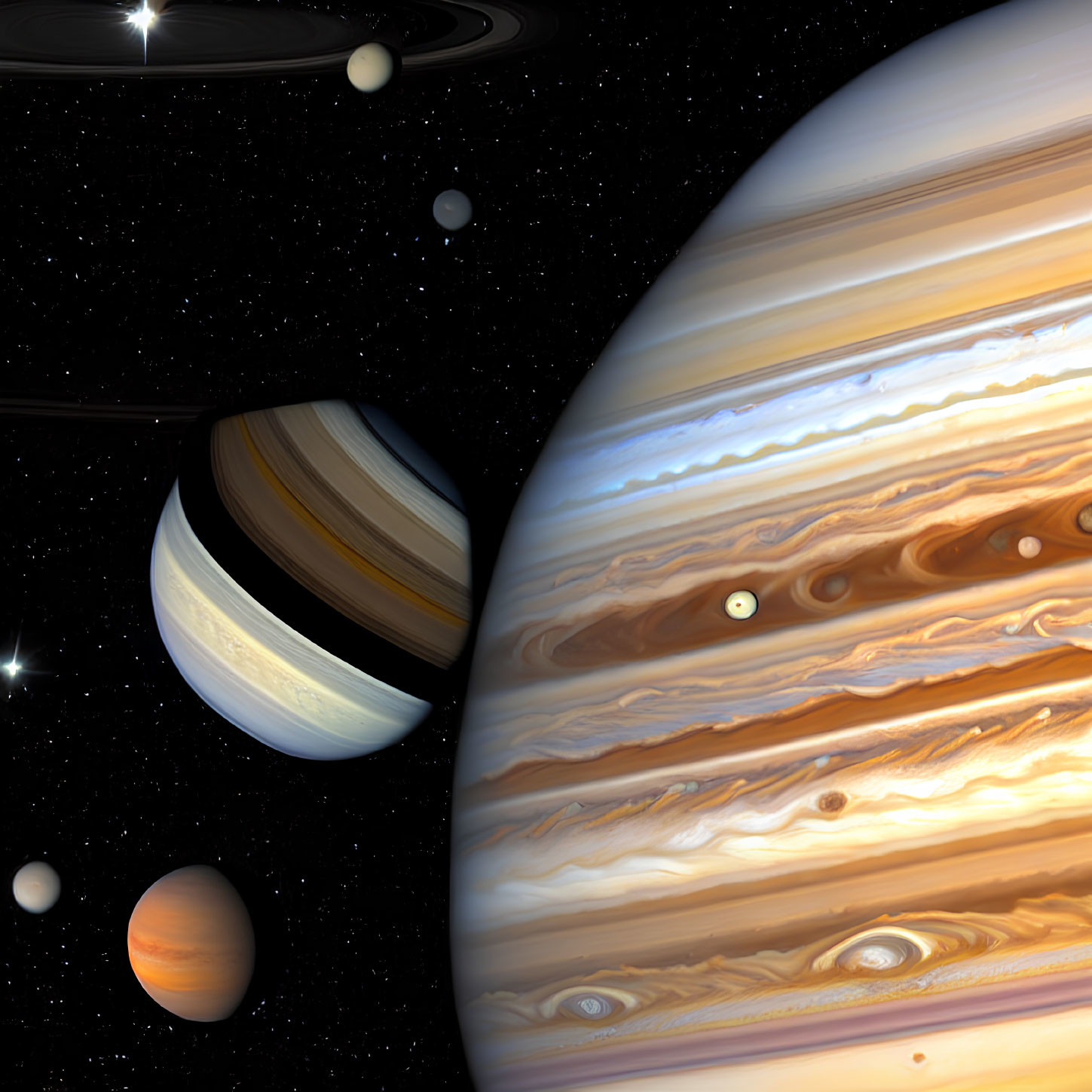 Detailed illustration of Jupiter's swirling atmosphere and moons against starry backdrop