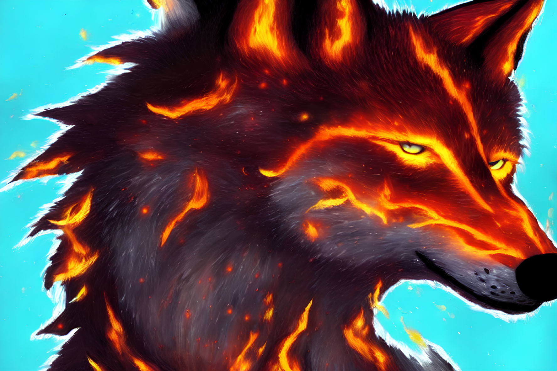 Vibrant wolf artwork with fiery fur on blue background