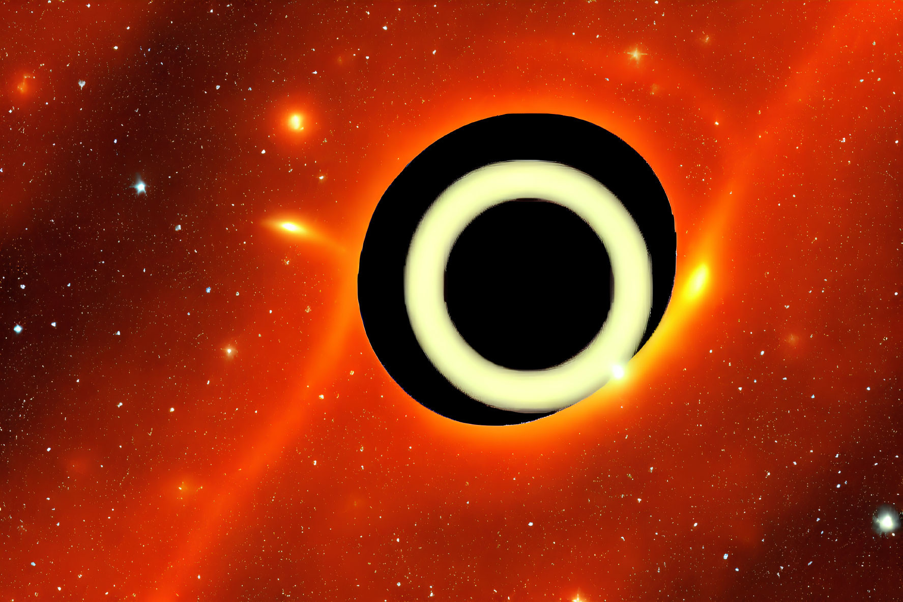 Digital illustration: Black hole with accretion disc in star-filled red nebula
