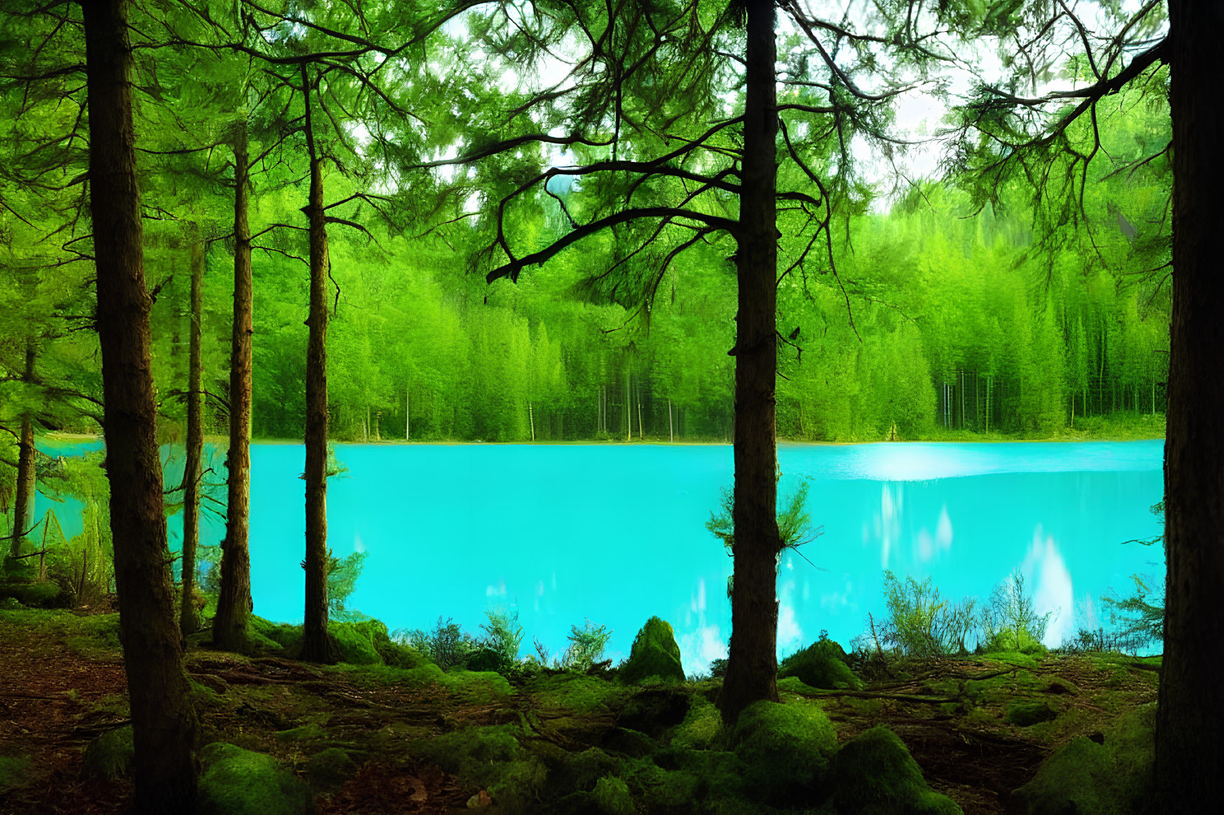 Tranquil Turquoise Lake Amid Lush Green Forest
