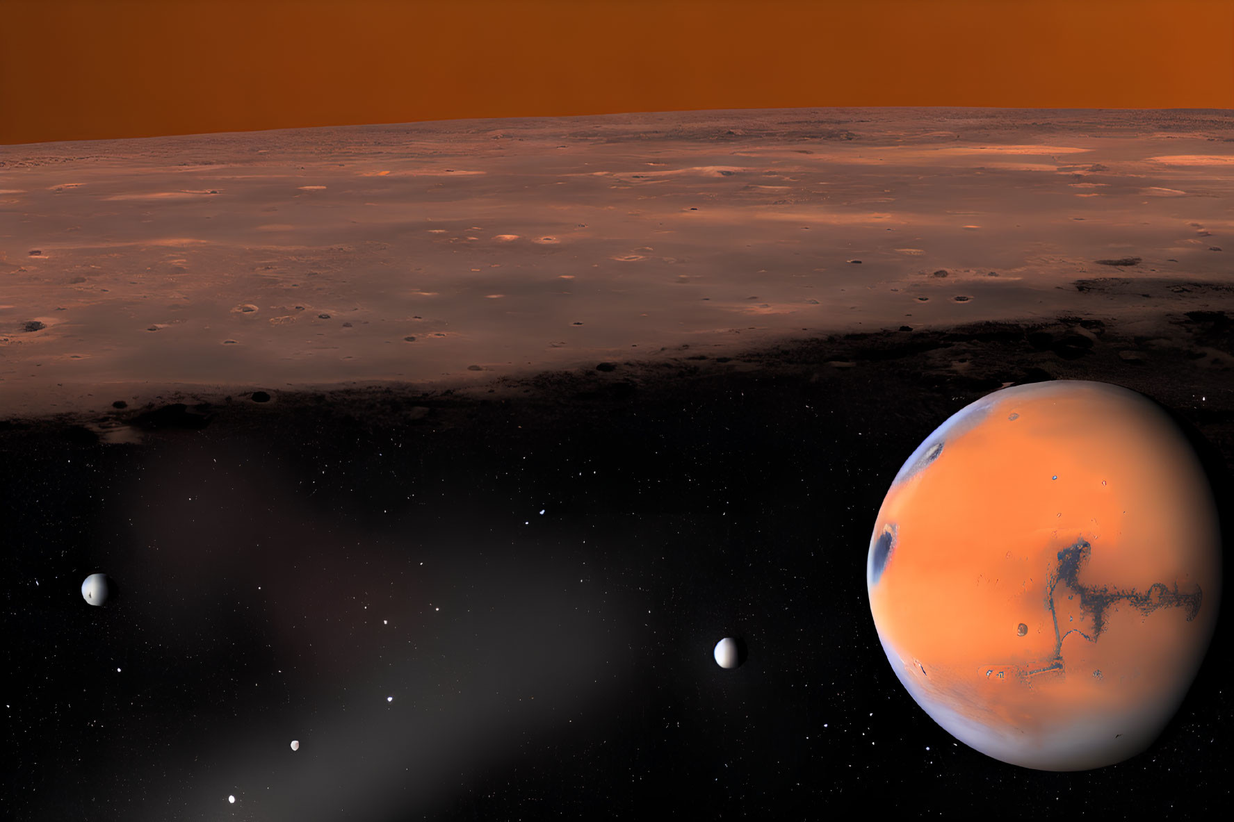 Mars with Phobos and Deimos in starry sky