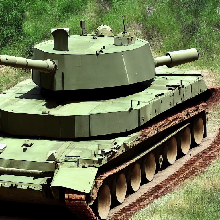 Green Military Tank with Large Cannons on Grassy Terrain