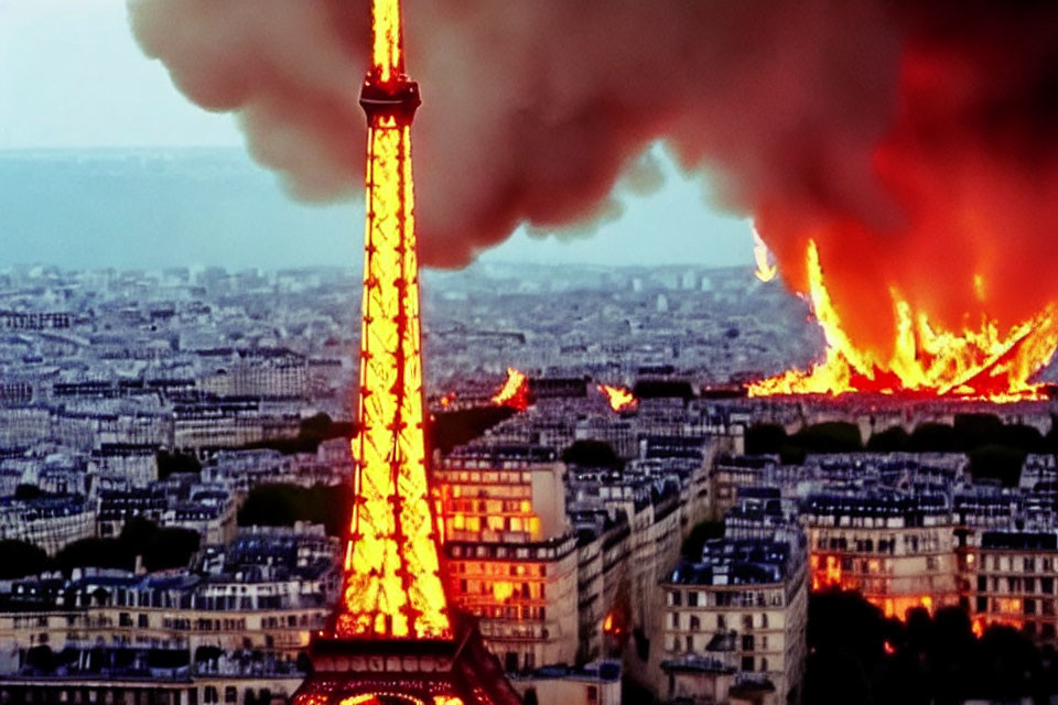 Iconic Eiffel Tower illuminated at night with dramatic fire backdrop