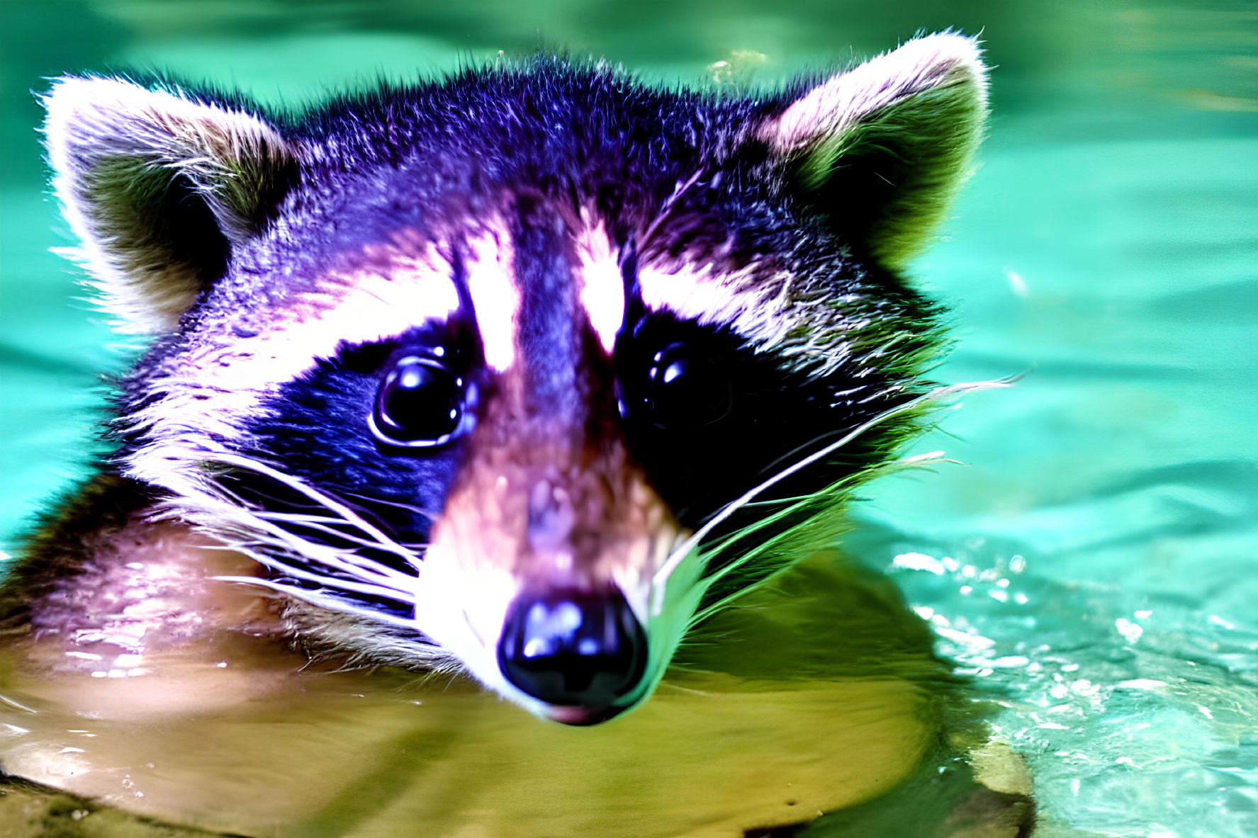 Close-up of raccoon's face in water with vibrant reflections and dark eyes