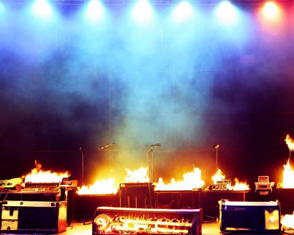 Stage with Musical Equipment on Fire, Colored Lights, and Thick Smoke