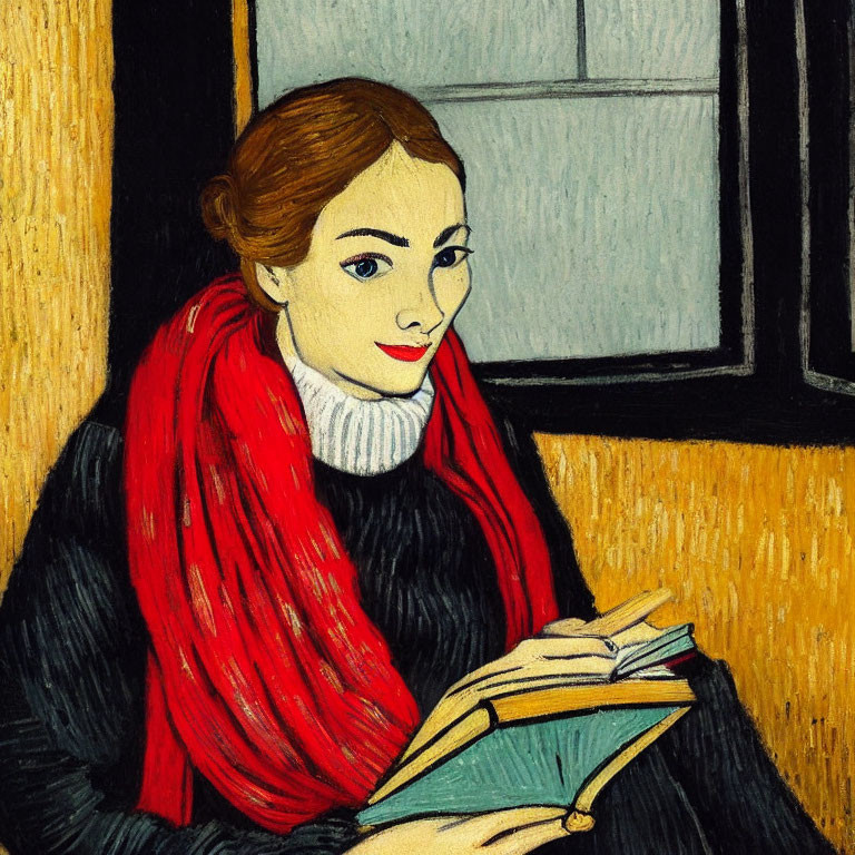 Woman with red scarf and book by window in post-impressionist style