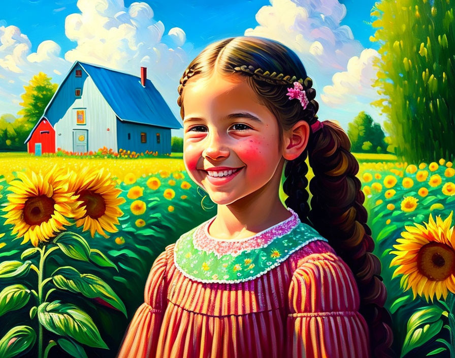 Young girl with braided hair in front of sunflower field and red-roofed house