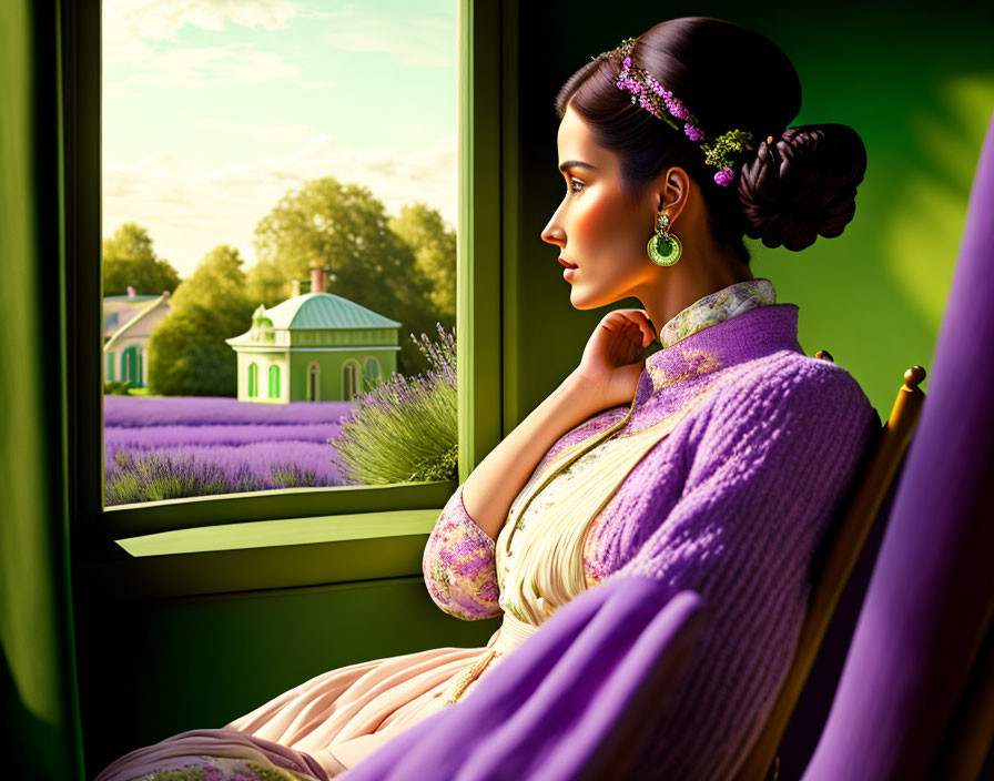 Woman in purple outfit looking out train window at lavender fields and green pavilion