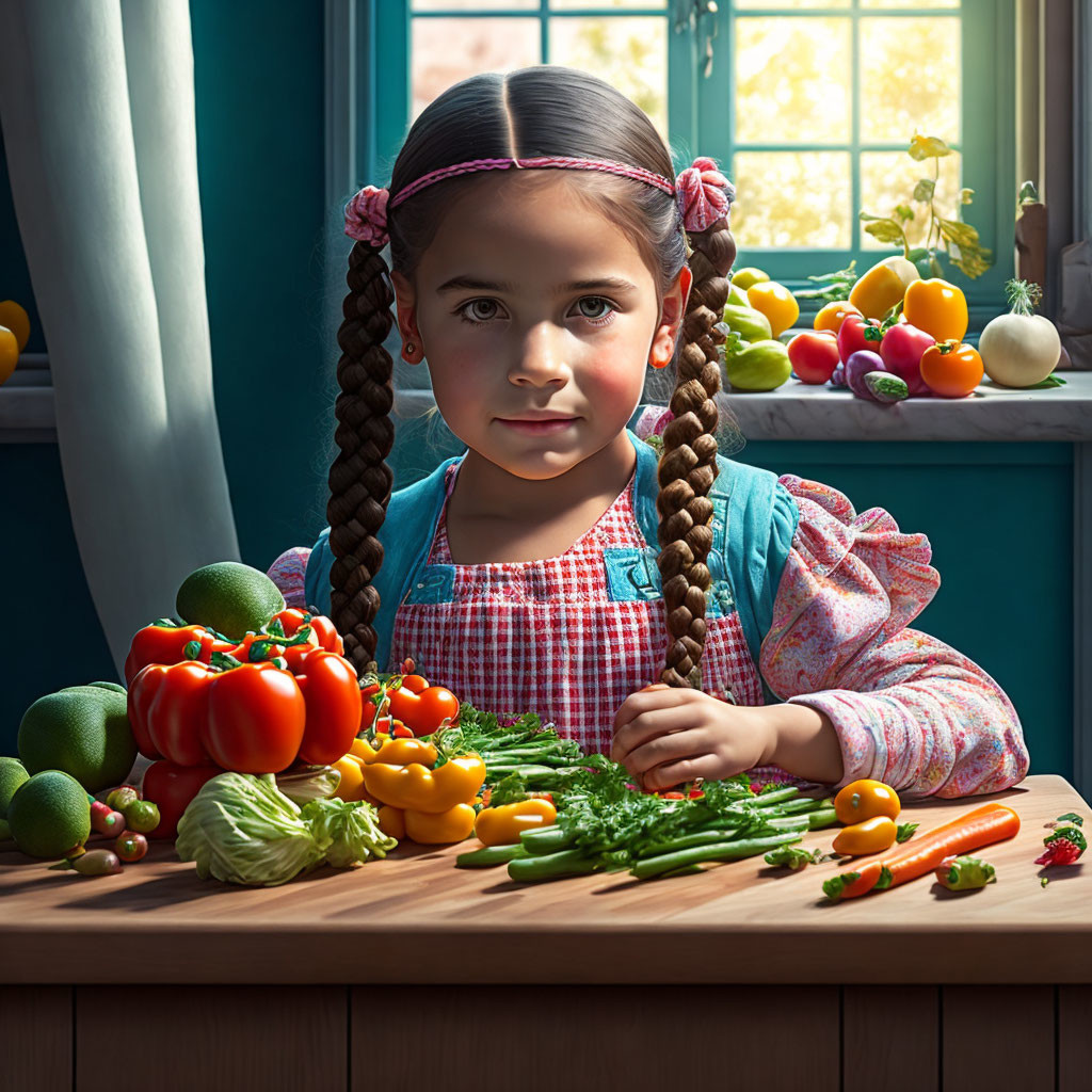 Young girl with braided hair and fresh vegetables in cozy kitchen setting